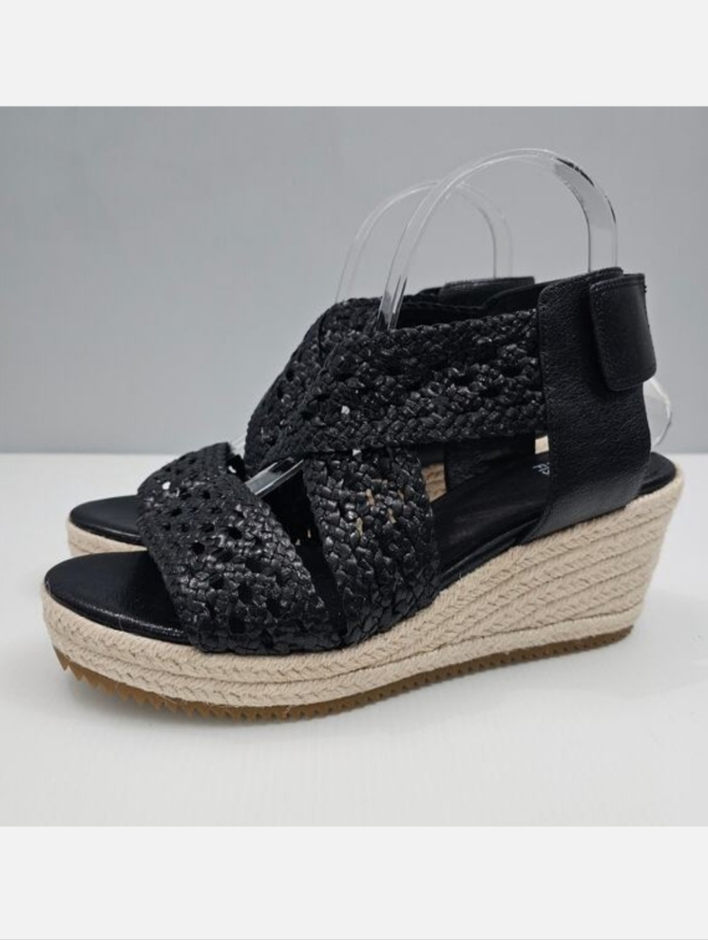 Eileen Fisher Willow Espadrille Wedge Sandal Womens 8 Black Woven Leather NEW